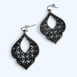 Black and Silver Tone Pierced Statement Earrings Dangling Large Lace-like Gothic